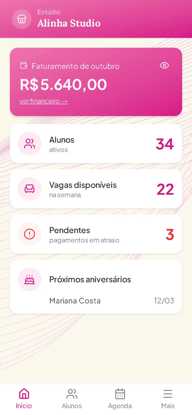 Tela inicial do Alinha Studio com o faturamento do mês